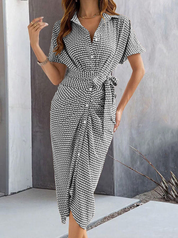 Bodycon Half Sleeves Buttoned Contrast Color Tied Waist Lapel Midi Dresses