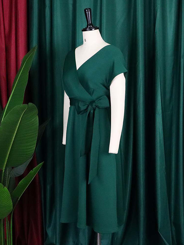 Bowknot Lace-Up Solid Color V-Neck Midi Dresses