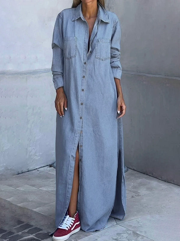 Long Sleeves Loose Buttoned Pockets Solid Color Lapel Maxi Dresses Shirt Dress