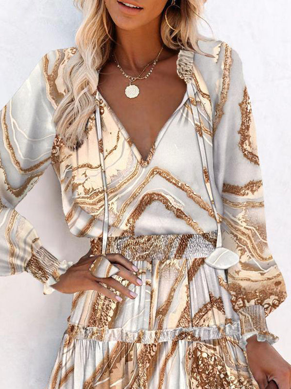 A-Line Long Sleeves Contrast Color Pleated Split-Joint Tied V-Neck Mini Dresses