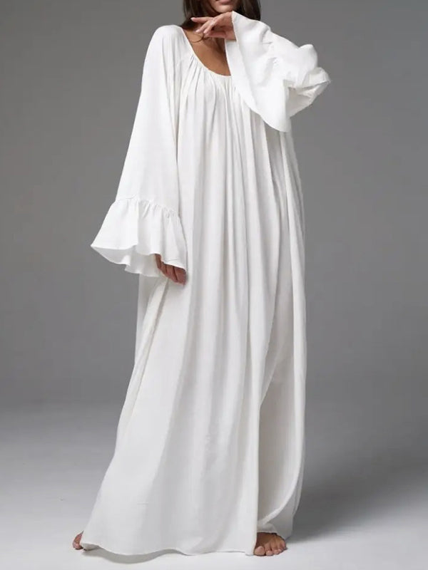 Flared Sleeves Loose Pleated Solid Color Split-Joint Round-Neck Maxi Dresses