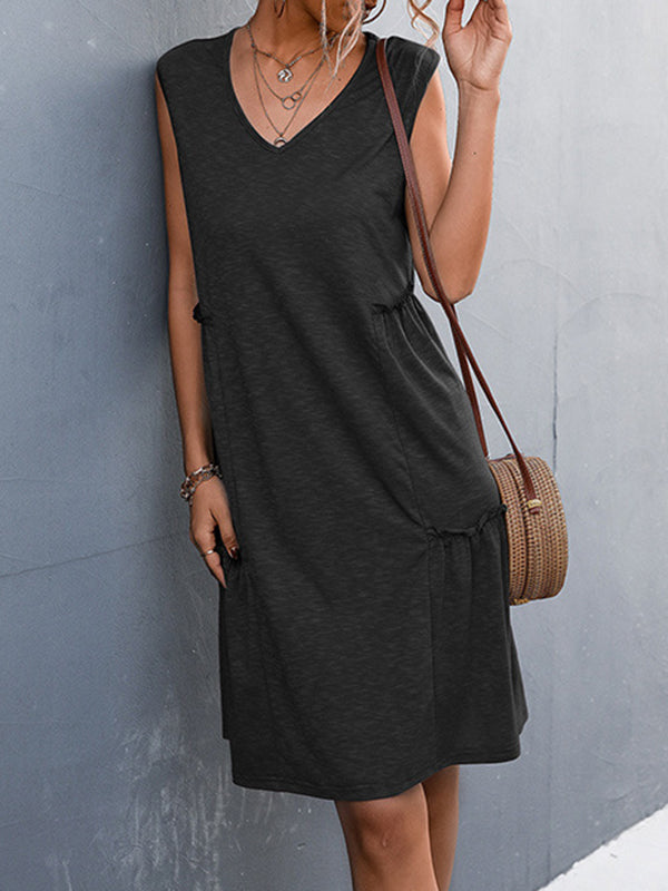 A-line Loose Pleated Solid Color Split-Joint V-neck Midi Dresses