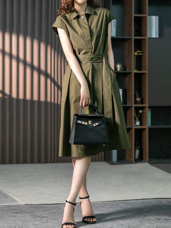 Plus Size Short Sleeves Bandage Solid Color Lapel Midi Dresses