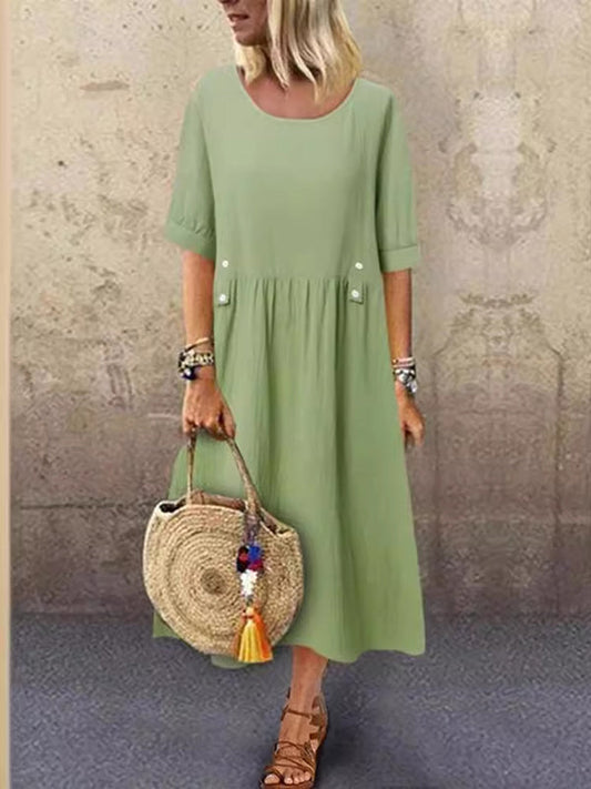 A-Line Loose Buttoned Pleated Round-Neck Midi Dresses