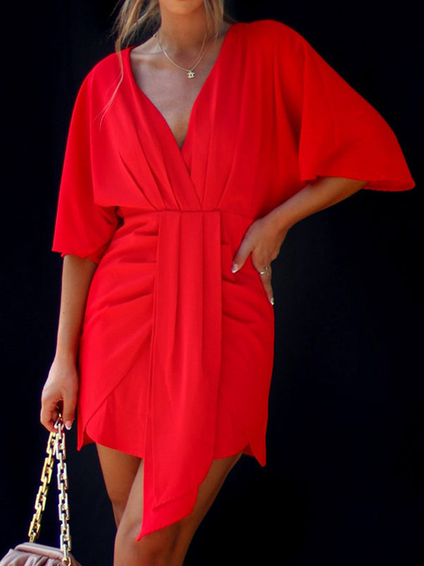 Batwing Sleeves Skinny Pleated Solid Color Split-Joint V-Neck Mini Dresses