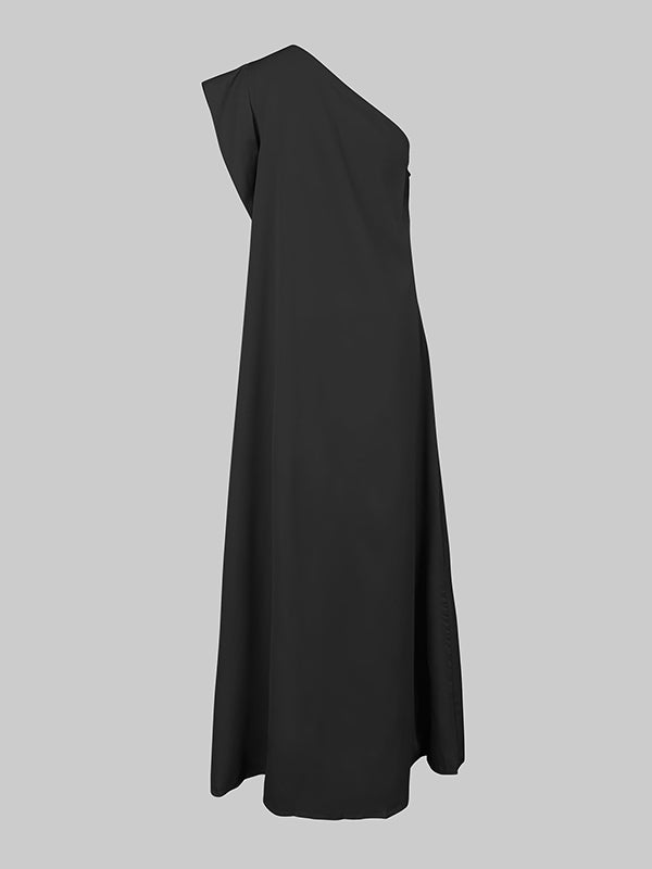 Loose Asymmetric Solid Color Split-Joint One-Shoulder Maxi Dresses