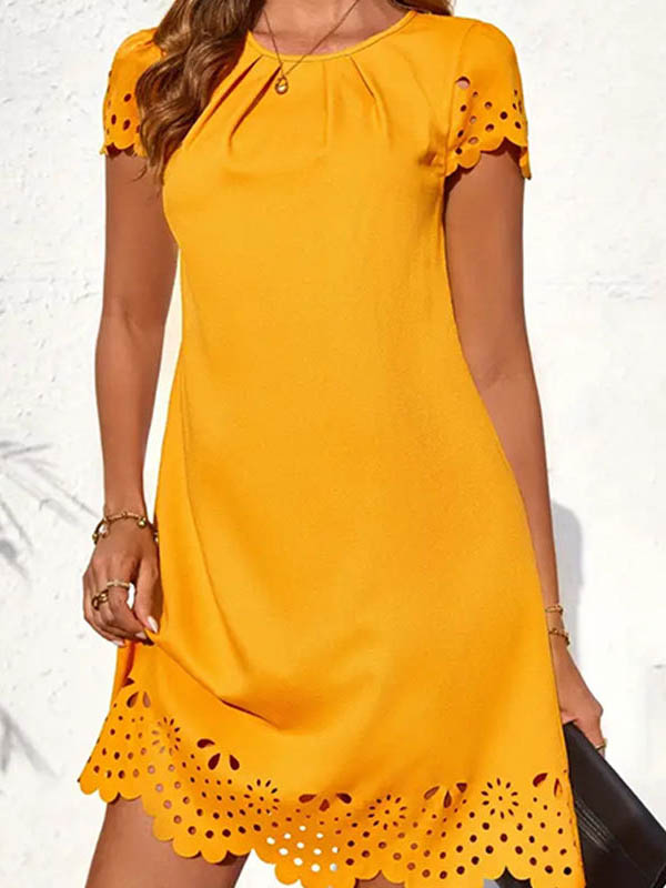 Loose Short Sleeves Hollow Pleated Solid Color Split-Joint Round-Neck Mini Dresses
