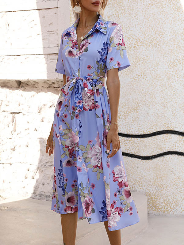 A-Line Loose Buttoned Flower Print Tied Waist Lapel Midi Dresses