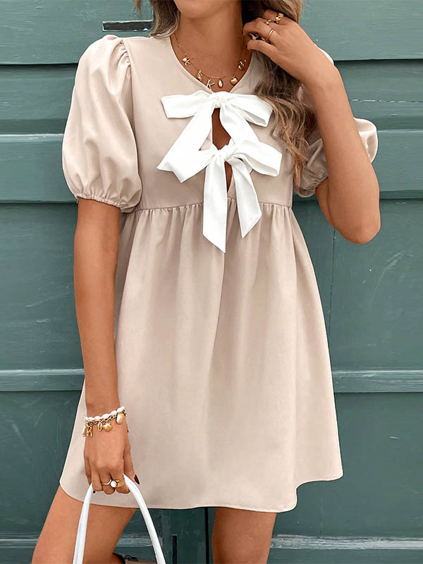 A-Line Loose Bowknot Elasticity Pleated Round-Neck Mini Dresses