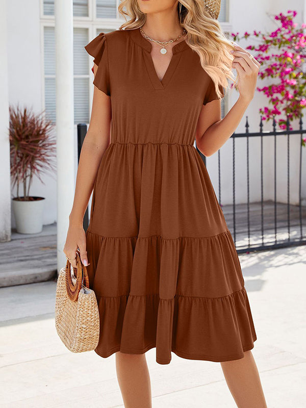 Loose Ruffle Sleeves Pleated Pockets Solid Color Split-Joint V-Neck Midi Dresses