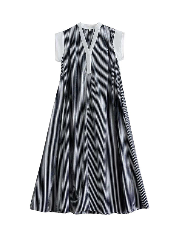 Cap Sleeve Loose Buttoned Striped Lapel Maxi Dresses Shirt Dress