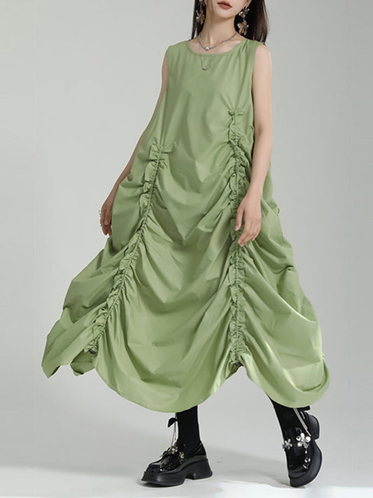 Loose Sleeveless Asymmetric Elasticity Pleated Solid Color Round-Neck Midi Dresses