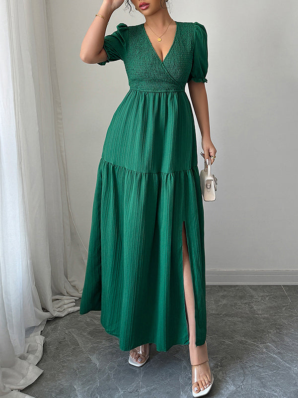 Half Sleeves High Waisted Pleated Solid Color Split-Front V-Neck Maxi Dresses
