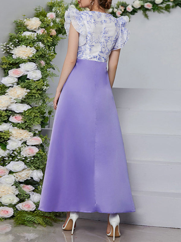 High Waisted Petal Sleeves Printed Split-Joint Deep V-Neck Maxi Dresses