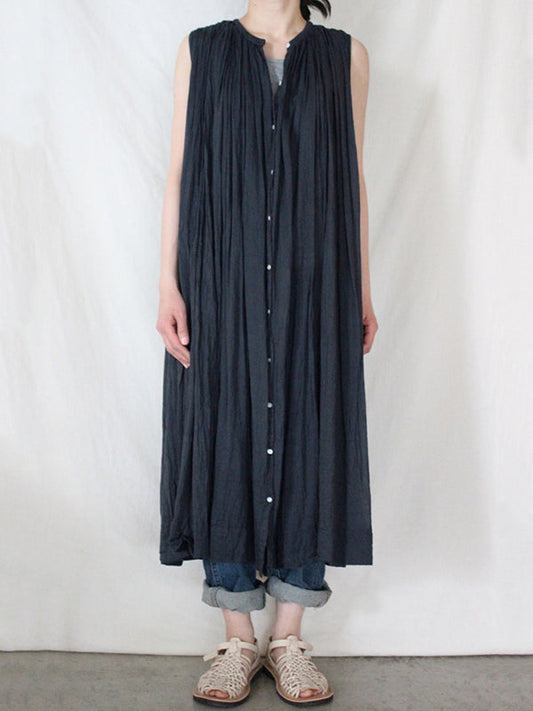 Loose Sleeveless Pleated See-Through Round-Neck Midi Dresses