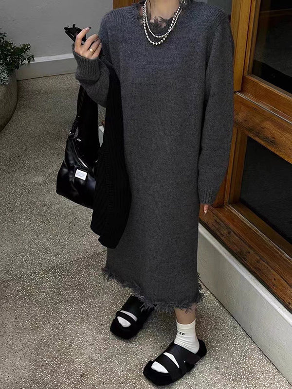 High Waisted Long Sleeves Fringed Solid Color Round-Neck Midi Dresses Sweater Dresses