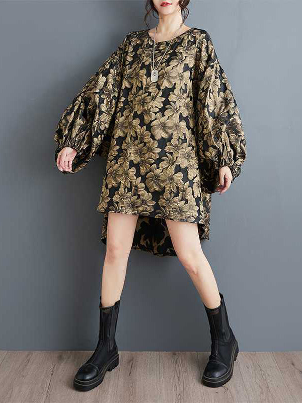 A-Line High-Low Elasticity Flower Print Jacquard Round-Neck Midi Dresses