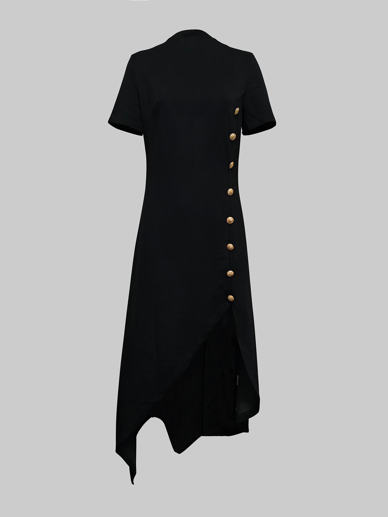 High-low Short Sleeves Buttoned Solid Color Round-neck Maxi Dresses