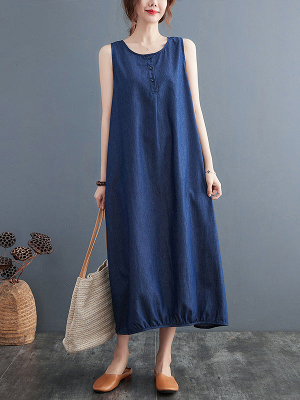 A-Line Loose Buttoned Pleated Solid Color Round-Neck Midi Dresses