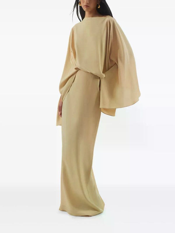 Batwing Sleeves Loose Solid Color Split-Joint Round-Neck Evening Dresses Maxi Dresses