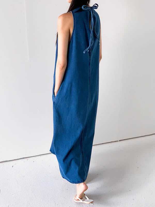 A-Line Loose Pockets Solid Color Tied Round-Neck Maxi Dresses