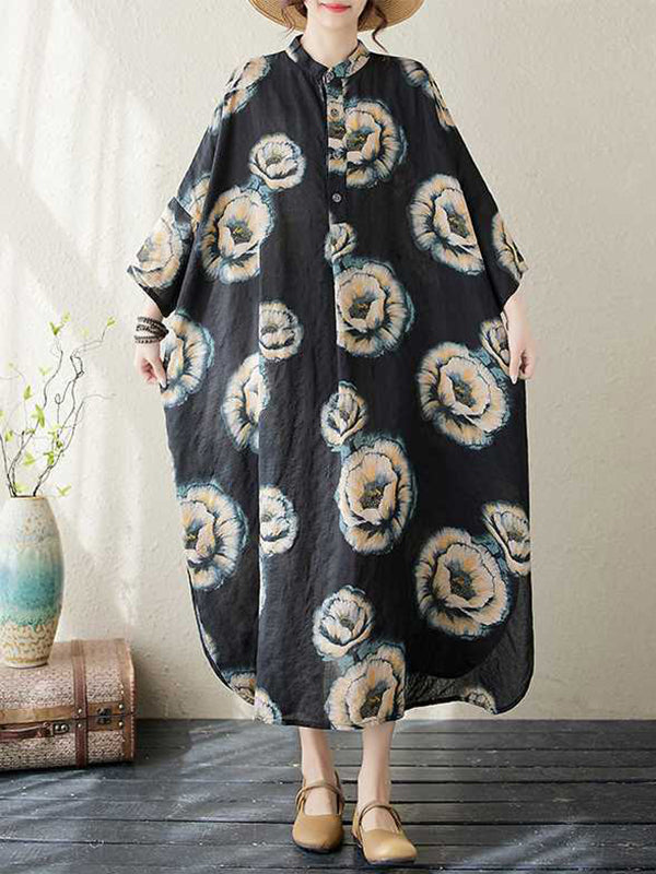 Loose Three-quarter Sleeves Buttoned Flower Print Stand Collar Midi Dresses