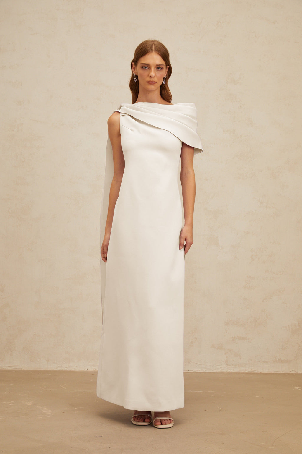 Annabelle White Cape-Design Ribbon Maxi Dress