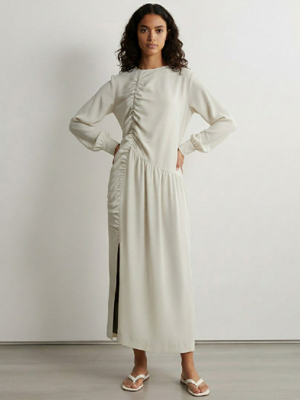 Long Sleeves Puff Sleeves Asymmetric Pleated Split-Joint Split-Side Round-Neck Maxi Dresses