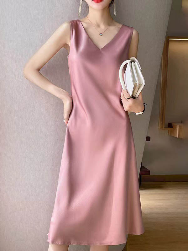 A-Line Loose Solid Color V-Neck Midi Dresses