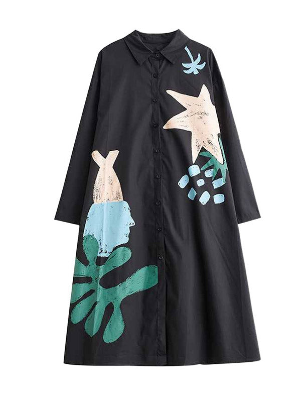 A-Line Long Sleeves Buttoned Pockets Printed Split-Joint Lapel Midi Dresses Shirt Dress