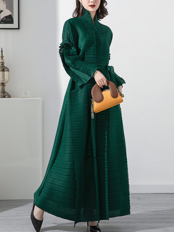 Casual Long Sleeves Loose Tied Pleated Stand Collar Midi Dresses