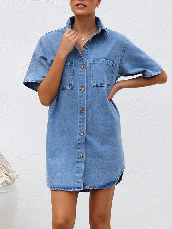 Loose Short Sleeves Split-Joint Lapel Mini Dresses Shirt Dress