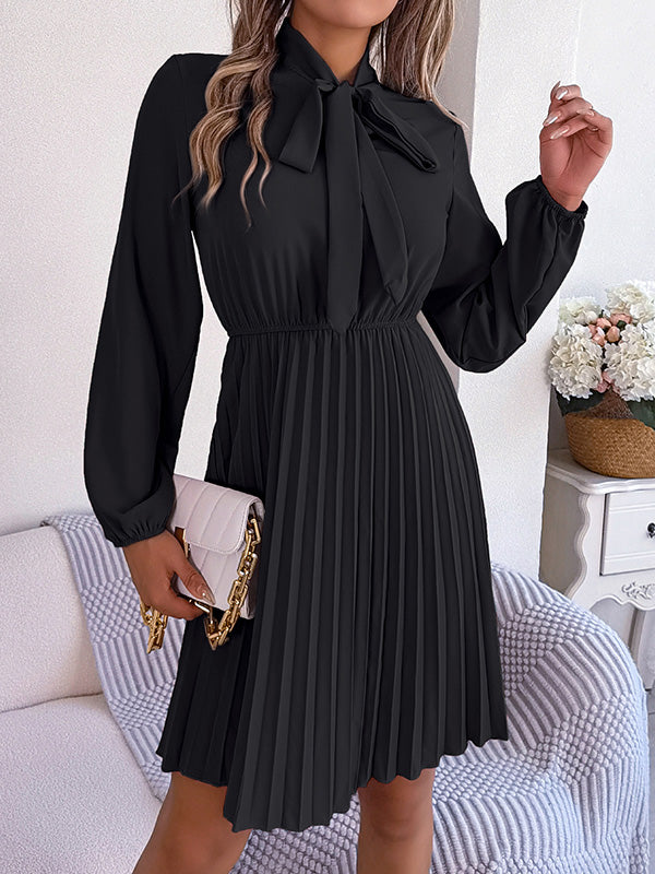Long Sleeves Loose Pleated Solid Color Tied Mock Neck Mini Dresses