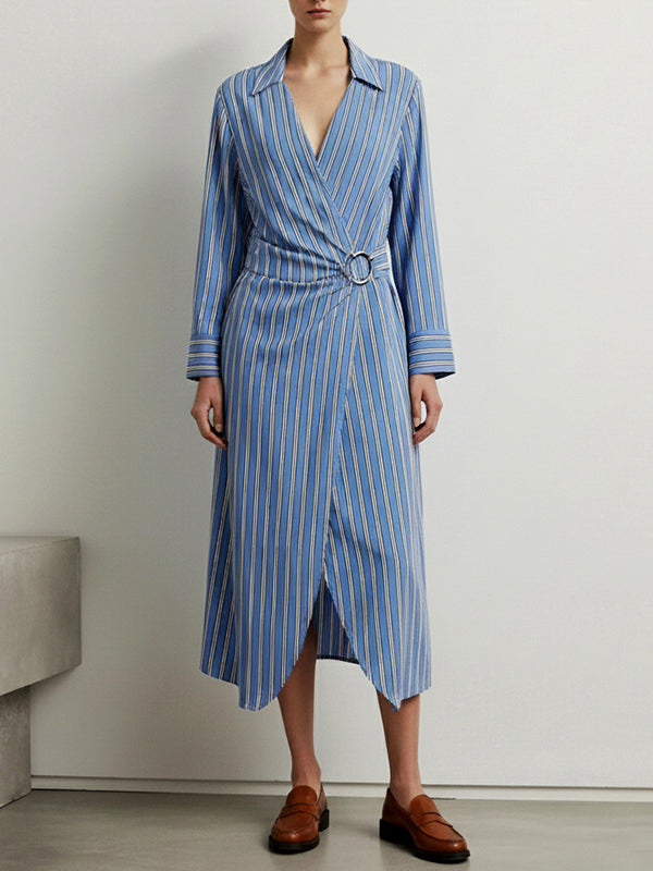 Long Sleeves Buckle Striped Deep V-Neck Midi Dresses Shirt Dress