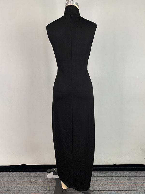 Bodycon Sleeveless Buttoned Solid Color Split-Side High Neck Maxi Dresses