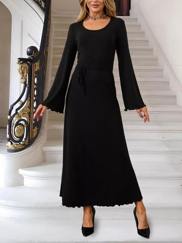 Long Sleeves Pleated Ruffled Solid Color Split-Joint Round-Neck Maxi Dresses