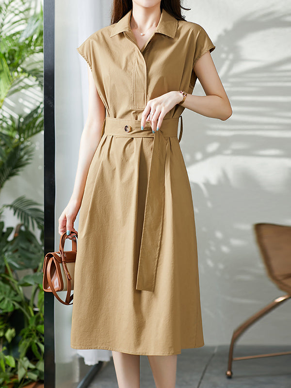 Plus Size Short Sleeves Bandage Solid Color Lapel Midi Dresses