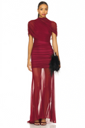 Sylphe Red Asymmetrical Ruched Mesh Maxi Dress