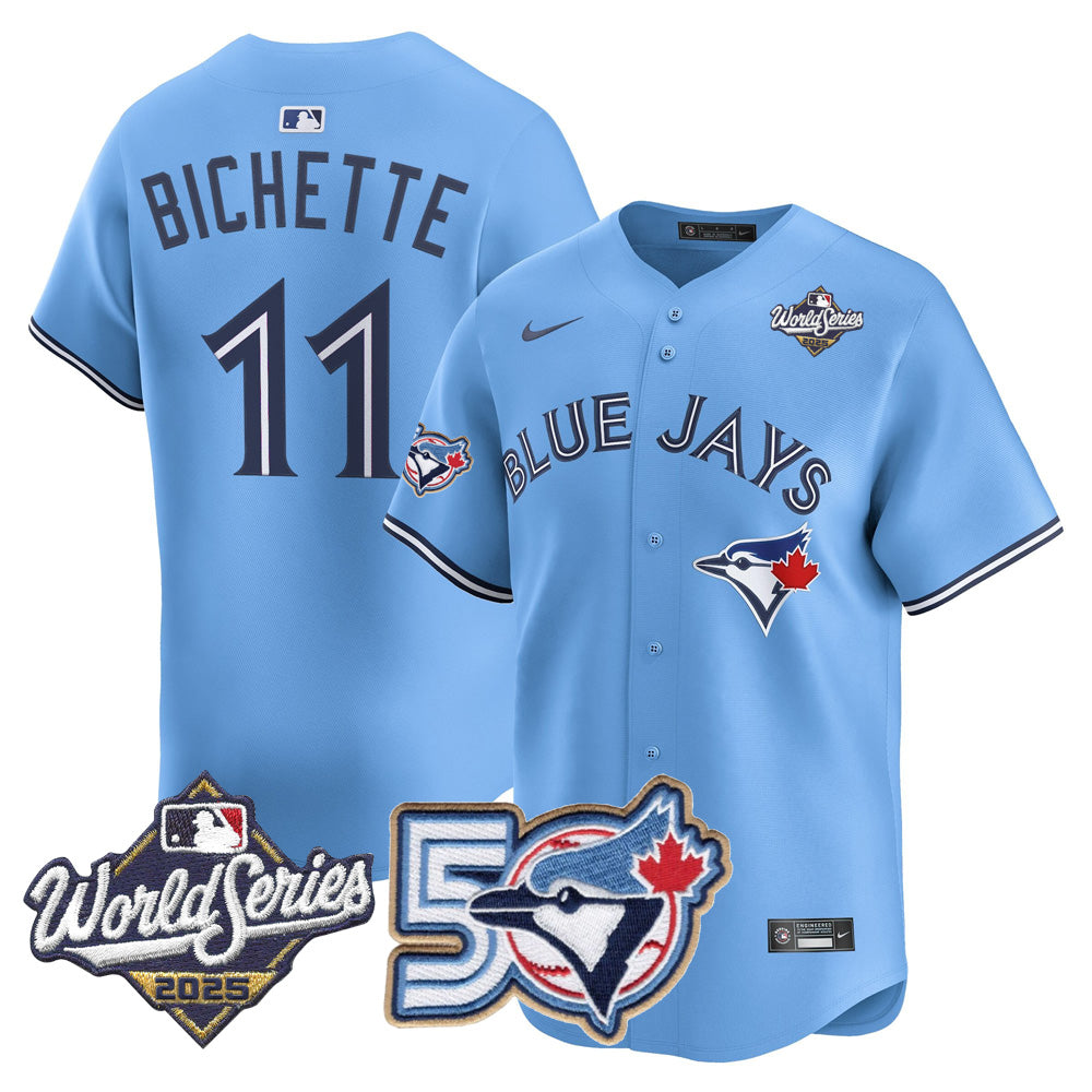 Men/Women/Youth Blue Jays 50th Patch 2025 World Series Powder Blue #11 Bichette Stitched Jersey