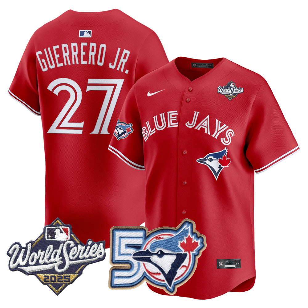 Men/Women/Youth Blue Jays 50th Patch 2025 World Series Red #27 Guerrero JR. Stitched Jersey