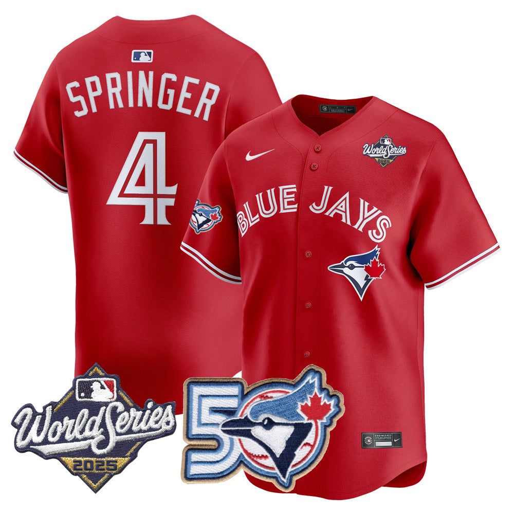 Men/Women/Youth Blue Jays 50th Patch 2025 World Series Red #4 Springer Stitched Jersey