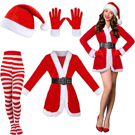 Women’s 4-Piece Santa Costume – Velvet Dress, Belt, Hat, Gloves & Christmas Tights