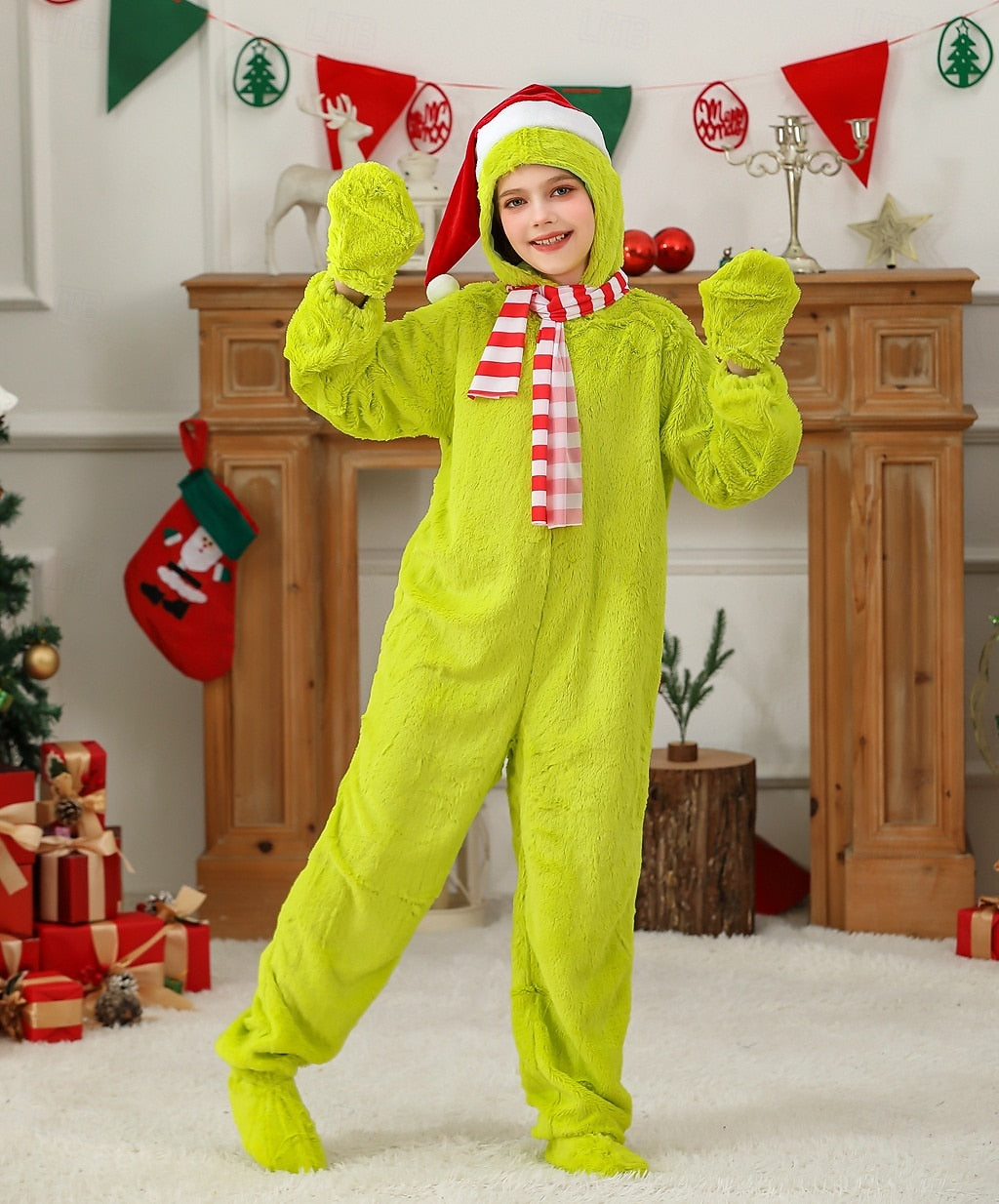 Green Furry Santa Claus Jumpsuit – Kids & Adults Christmas Onesie Costume
