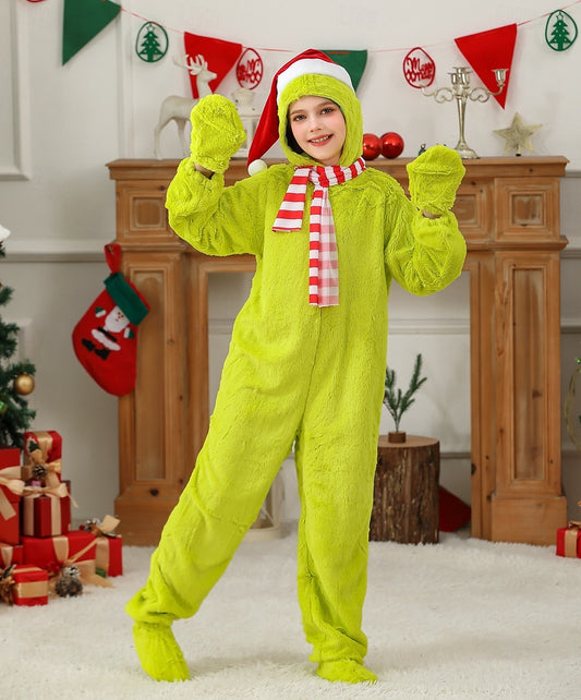 Green Furry Santa Claus Jumpsuit – Kids & Adults Christmas Onesie Costume