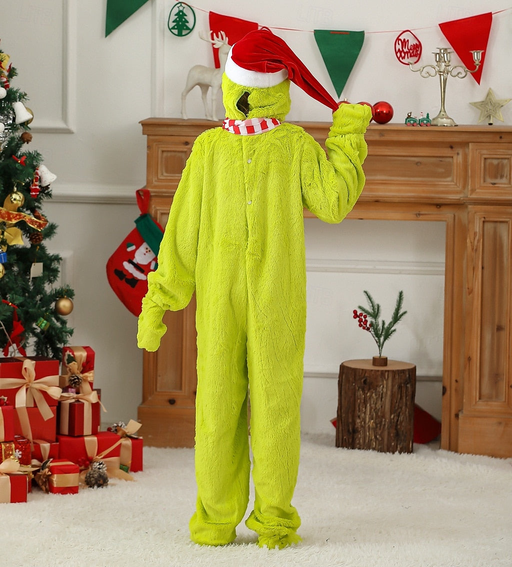 Green Furry Santa Claus Jumpsuit – Kids & Adults Christmas Onesie Costume