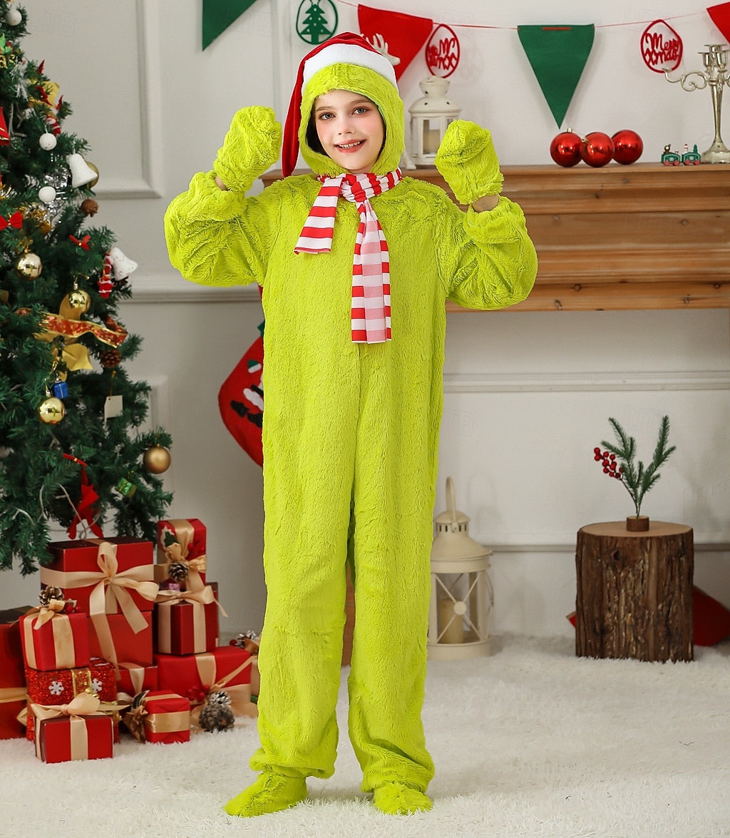 Green Furry Santa Claus Jumpsuit – Kids & Adults Christmas Onesie Costume