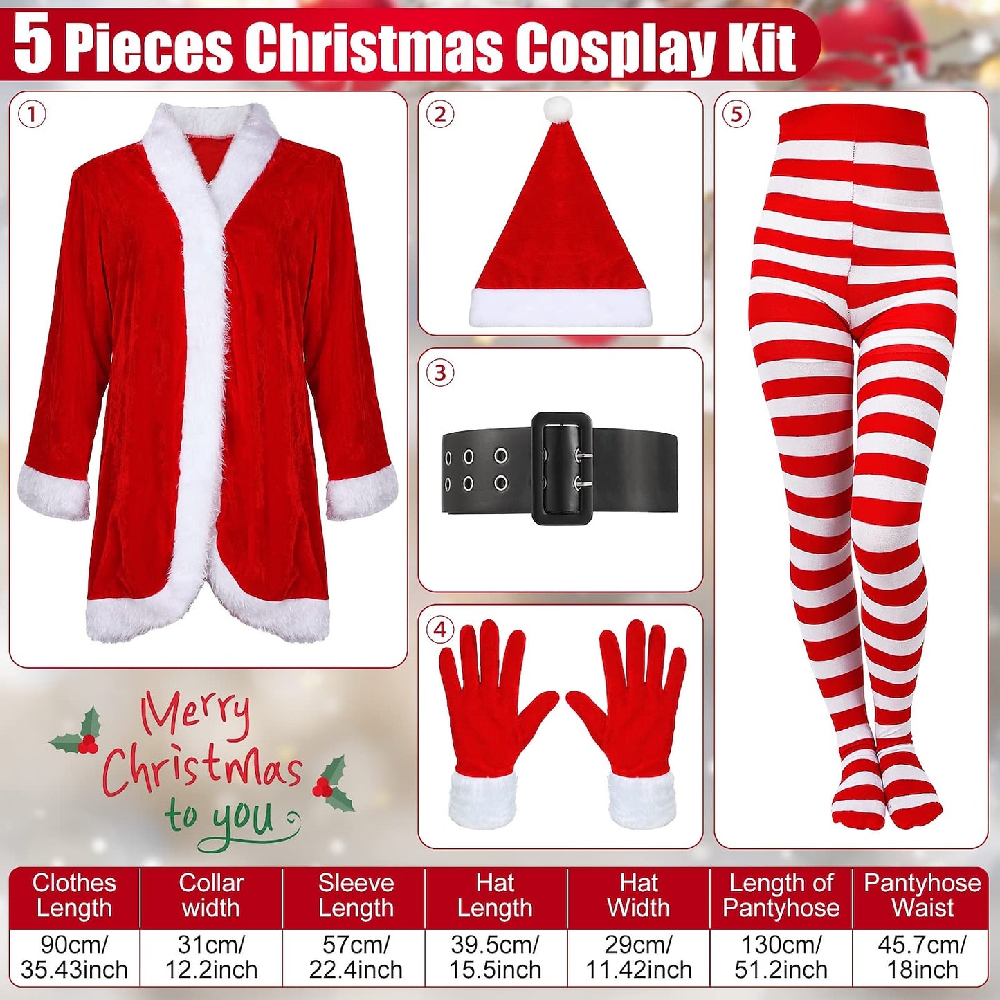 Women’s 4-Piece Santa Costume – Velvet Dress, Belt, Hat, Gloves & Christmas Tights