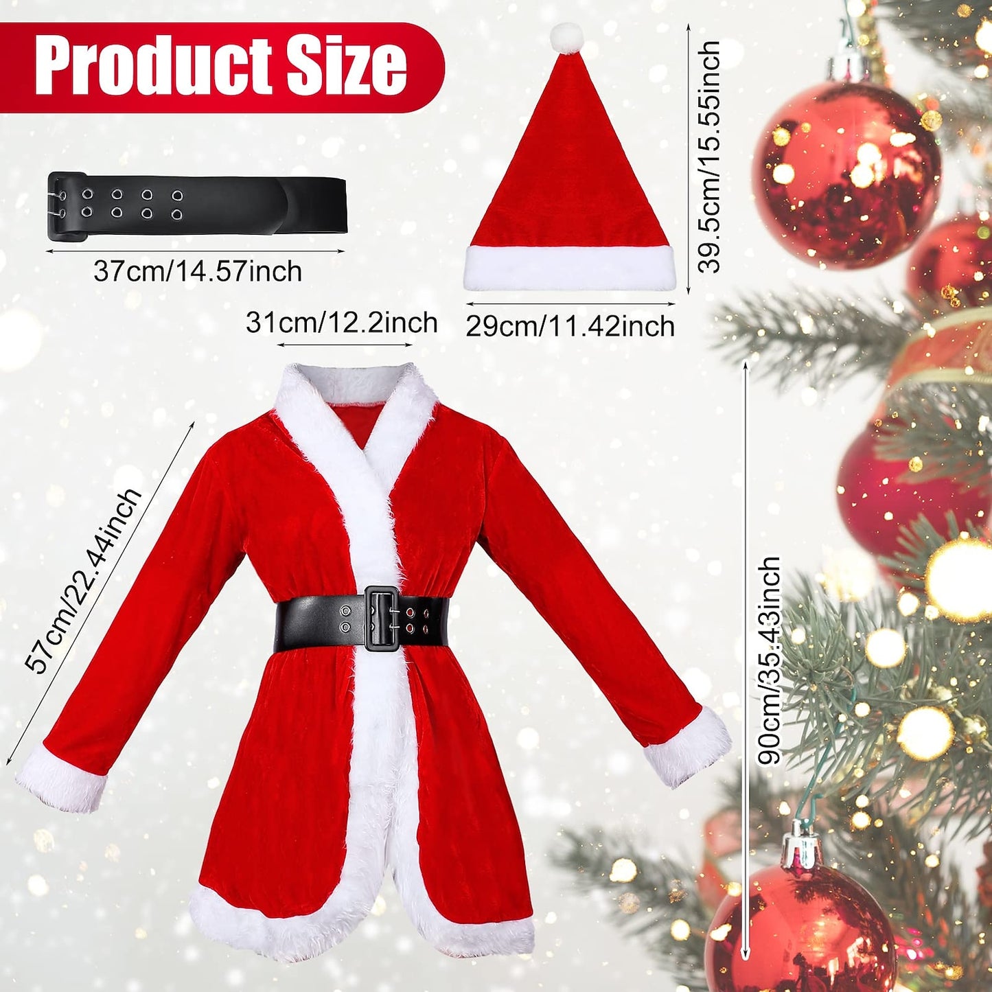 Women’s 4-Piece Santa Costume – Velvet Dress, Belt, Hat, Gloves & Christmas Tights