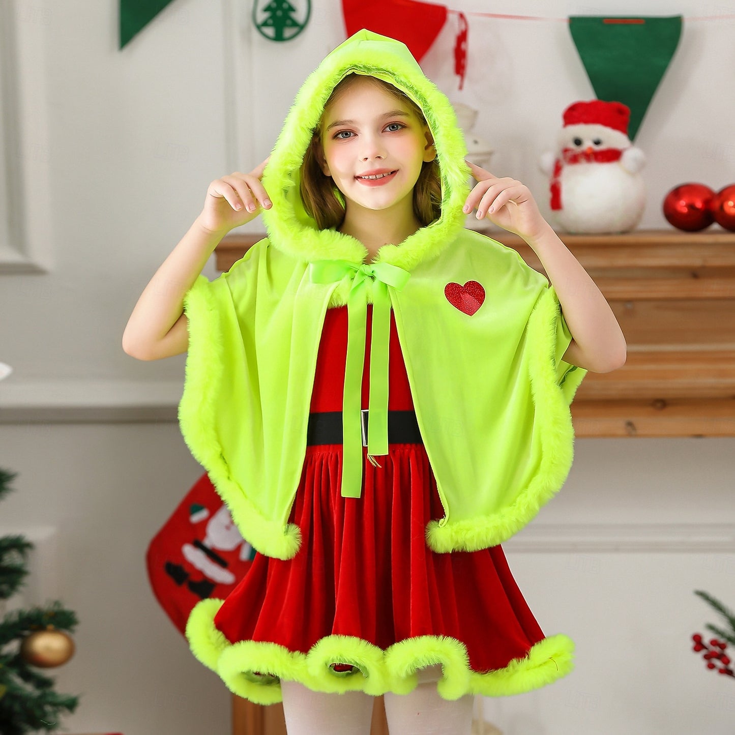Girls' Santa Claus, Mrs. Claus & Green Monster Christmas Costume Set – Furry Dress with Cape & Accessories