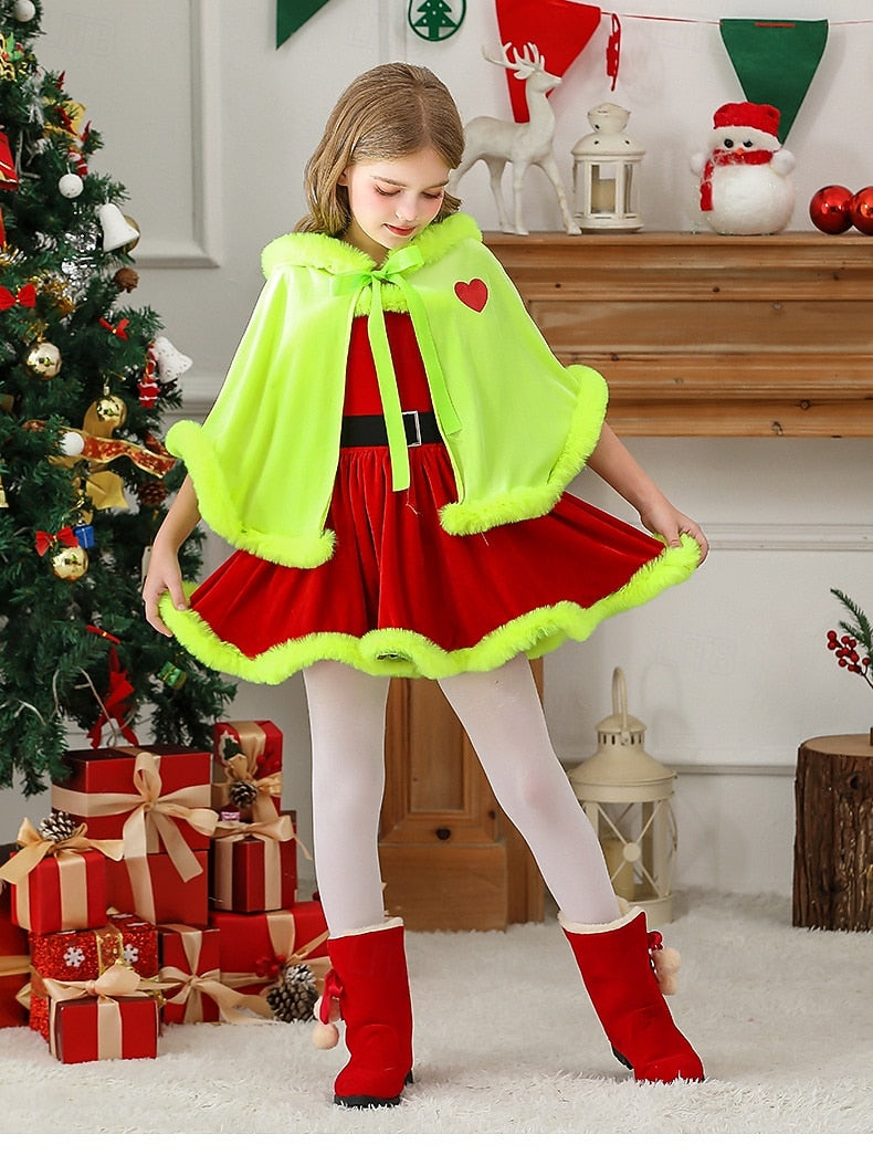 Girls' Santa Claus, Mrs. Claus & Green Monster Christmas Costume Set – Furry Dress with Cape & Accessories
